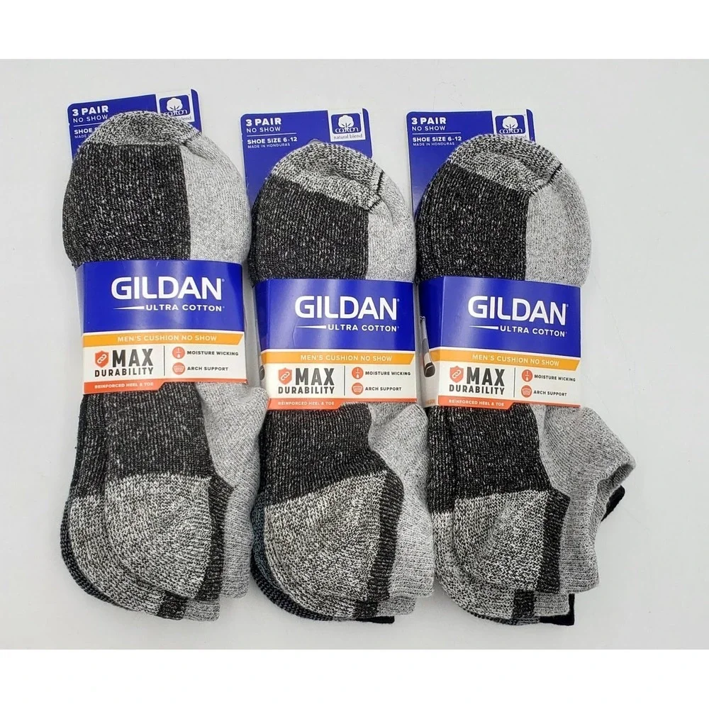 Gildan Ultra Cotton No‑Show Socks 3 Pks 9 Pairs Mens Size 6‑12 Gray  Black Blue
